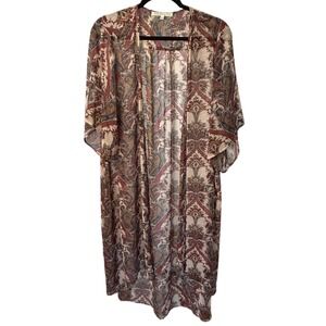 Daniel Rainn Kimono Duster Cover Up Tan Red Gold Paisley Boho Oversize Women M/L